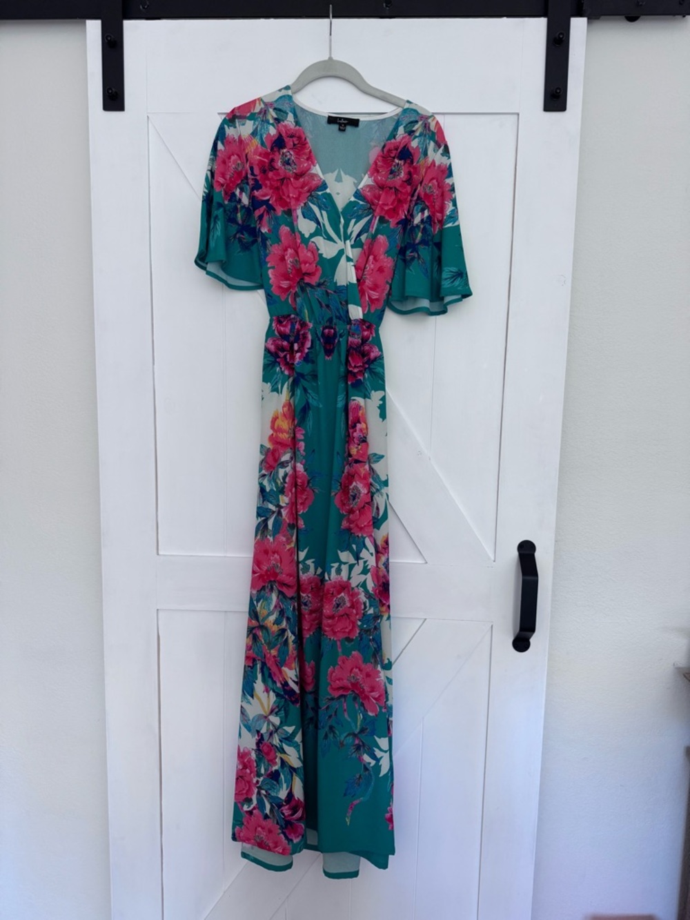 Lulu's Teal Maxi Dress with Pink Floral Print